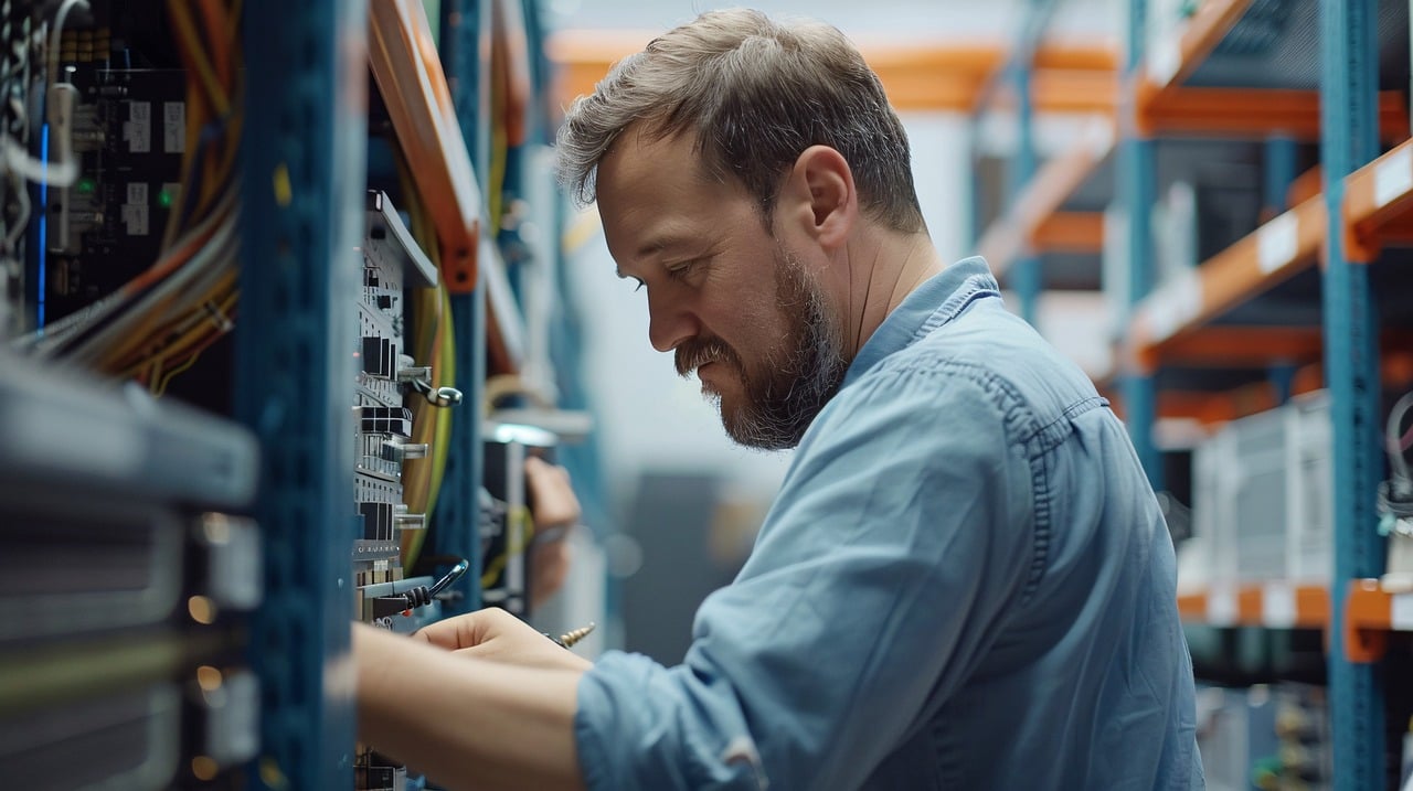 Man, IT'er, aan het werk in magazijn volgens payrolling via Payroll Company in Stadskanaal, Groningen (door strengere naleving Wet DBA)